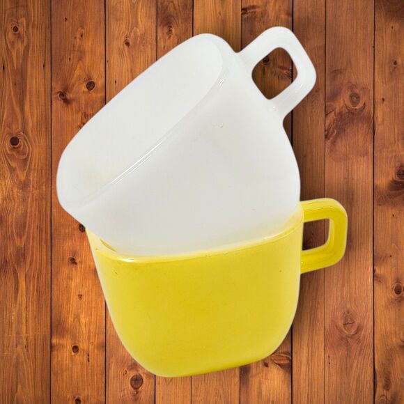Vintage Glasbake Milk Glass Mugs Lot of 2 White & Yellow Block Handle Square Mug - Picture 3 of 10